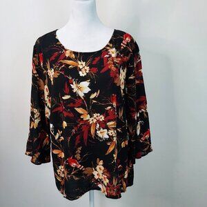 J Jill Black/Red Foliage 3/4 Sleeve Top Size Large